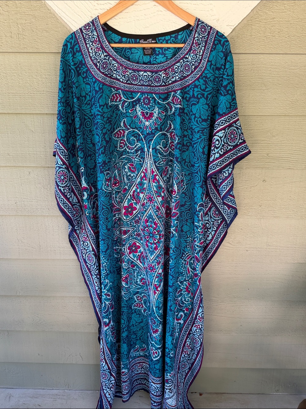 Bohemian Teal Floral Maxi Caftan Dress